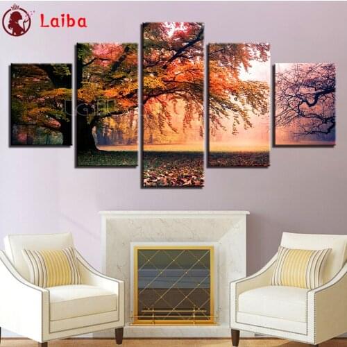 5 Pieces Fall Trees Group Posters Forest Great Trees diamond mosaic full square round diamond embroidery 5d diy diamond painting