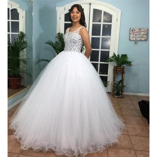 Cap Shoulder Sheer Neck Ball Gown Quinceanera Dresses 15 Party Sparkly Crystals Beaded Robe De Mariee Formal Wedding Dresses