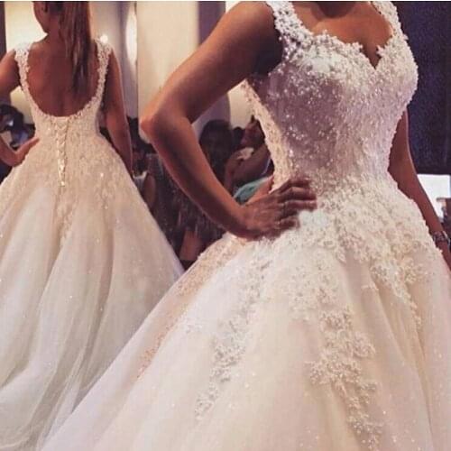 Ball Gowns Spaghetti Straps White Ivory Tulle Wedding Dresses 2021 Hot with Pearls Bridal Dress Marriage Customer Made Size