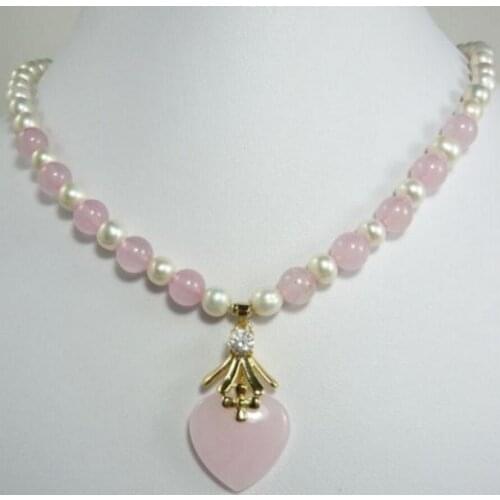 Free Shipping trendy mixed white pearl pink Natural JADE necklace +heart pendant