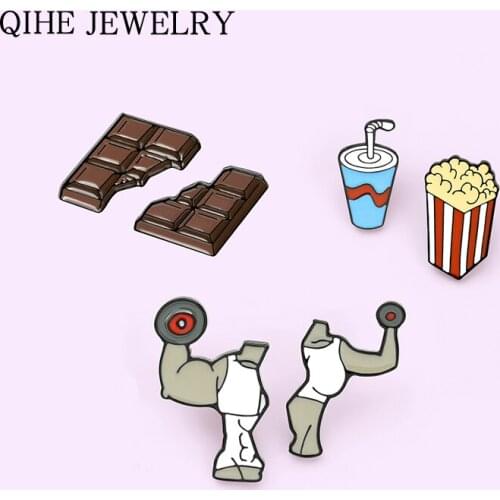 Dumbbells Fitness Brooch Custom Chocolate Cola Popcorn Food Enamel Pin for Backpack Metal Badge Lapel Pins Jewelry Gift Friends