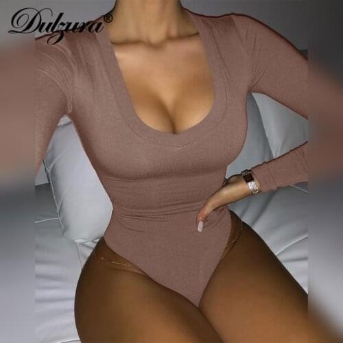 Dulzura Solid Women Long Sleeve Bodysuit Bodycon Sexy Streetwear 2021 Spring Summer Warm Body Romper Basic