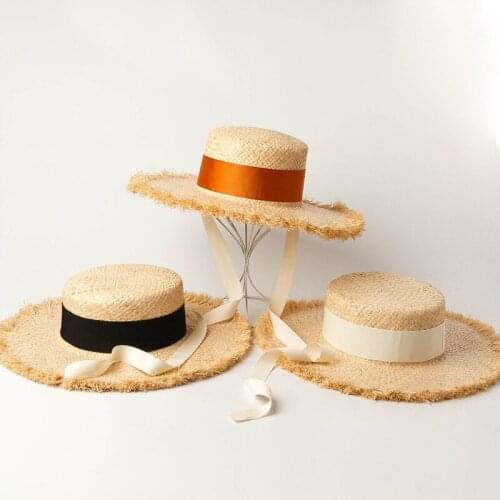 Beautiful summer hats women new style with bandage hand-woven thickened frayed raffia flat hat sunshade beach hat