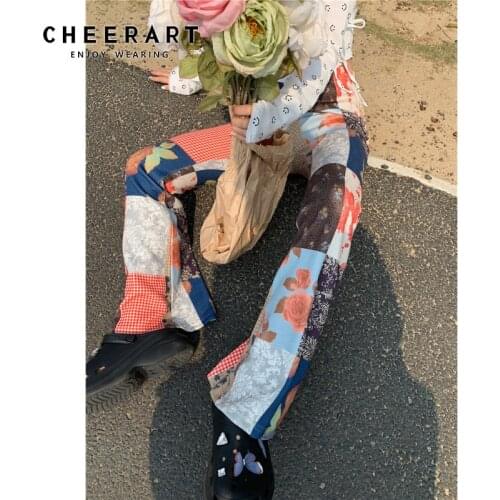 CHEERART Summer 2021 Fashion Floral High Waist Flare Pants Women Trousers Korean Fashion Bottoms Printed Trendy Long Pants