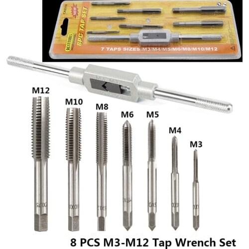 7pcs Thread Taps With 1pc Adjustable Wrench M3 M4 M5 M6 M8 M10 M12 Hand Tap Wrench Set Metric Screw Tap Drill Bit