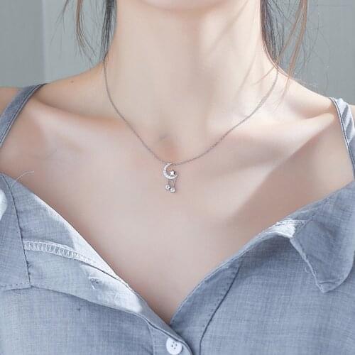 Trendy 925 sterling silver Necklace Chain CZ Zircon Moon Star Tassel Pendants Necklace for Women kolye Choker Jewelry