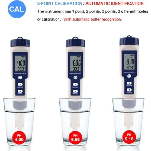 Water Quality Monitor Tester Hydroponics/Aquariums/Pools/Drinking Water 5 in 1 Digital pH Meter with PH/TDS/Salinity