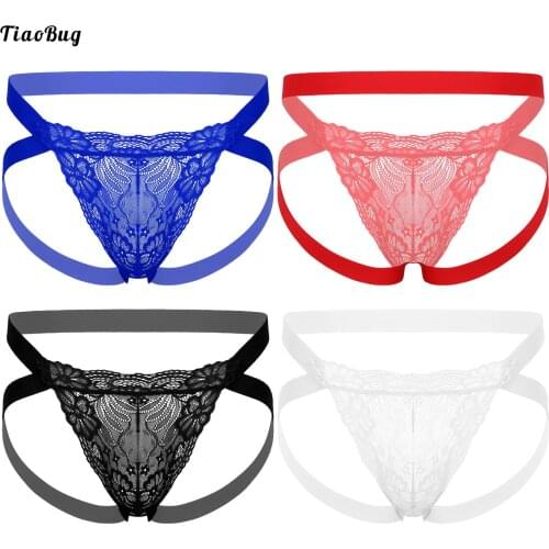 TiaoBug Men See-Through Lace Bulge Pouch G-String Elastic Waistband Jockstrap T-Back Low Waist Thongs Sissy Gay Underwear