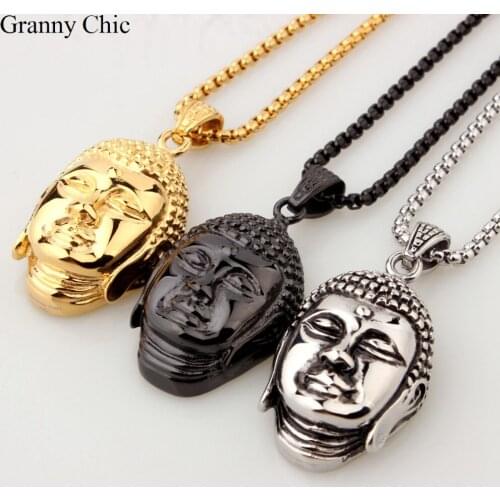 Granny Chic Mens Jewelry Religious Style Silver/Black/Gold Stainless Steel Buddha Pendant free Box Necklace