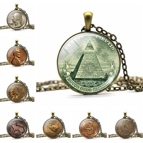 All Seeing Eye Necklace One Dollar Coin Pendant Eye of Providence Jewelry Vintage Egypt Pyramid Necklace for Men Women