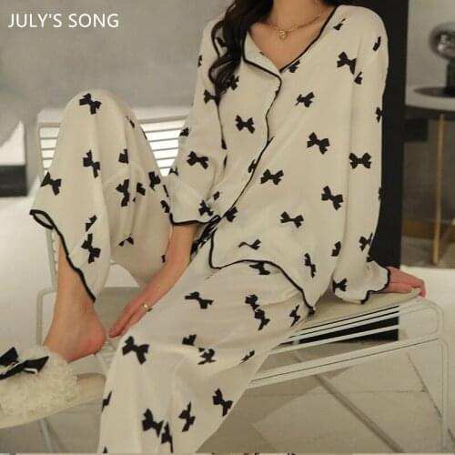 JULYS SONG New INS Pajamas Set Stain Woman Bow Polka Dot Printing Spring Summer Sleepwear Lapel Casual Nightwear Pyjamas Suit