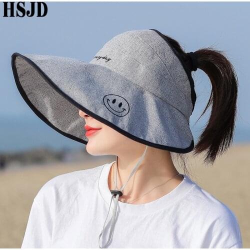 Summer Women Visor Beach Caps Smile Empty Top Cotton Linen Sun Hats Wide Brim Foldable Anti-UV Beach Hat Adjustable Female Bonne