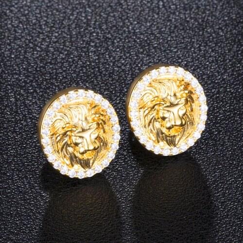 Hip Hop Stud Earrings Zircon Round Animal Lion Stud Earrings Mens and Womens Gothic Punk Party Stud Earrings Fashion Jewelry