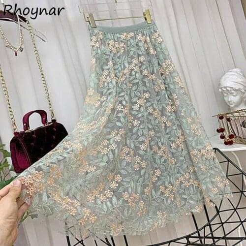 Pleated Skirts Women Green Embroidery Ankle-Length Summer Thin Mesh BF All-match Fashion Mujer Ladies Empire Tender Jupe Femme
