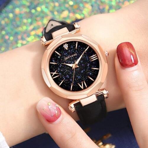 Women Casual Quartz Watch Round Star Dial Wrist Watch with Perforated Frosted Strap TT@88