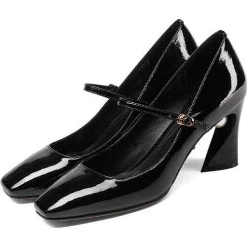 Big Size 9 10 11 12 Ladies High Heels Women Shoes Woman Pumps Shallow pearl heel single shoes with square head buckle