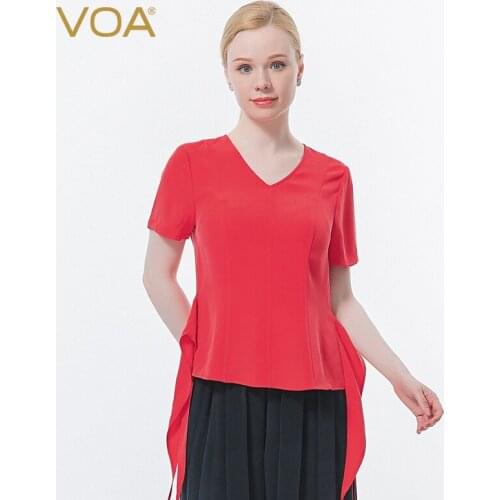 VOA Silk Heavy 30mm Dream Red Chicken Heart Collar Short Sleeve Solid Color Simple Dovetail Design Sense Joker T-shirt BE670