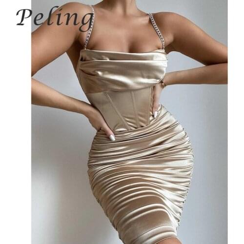 2021 Summer Satin Dresses Women Diamond Chain Bodycon Dress Sleeveless Ruched Sexy Robe Night Club Vestidos Female Party Dresses