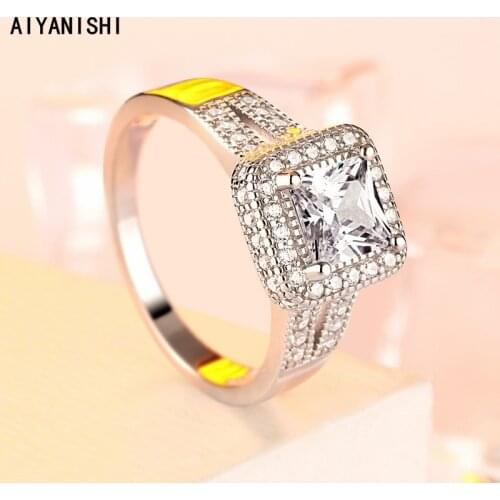 AIYANISHI Vintage 925 Sterling Silver Wedding Rings Halo Princess Cut Finger Rings for Women Silver Engagement Jewelry Gifts