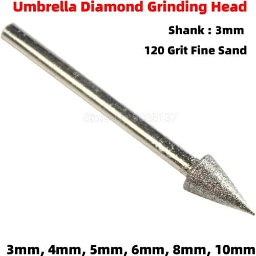 1Pcs 120 Grit Diamond Grinding Burr Umbrella Bit Head Burrs Rotary Tool Shank Head Set Amber Jade Carving Fine Sand Diameter