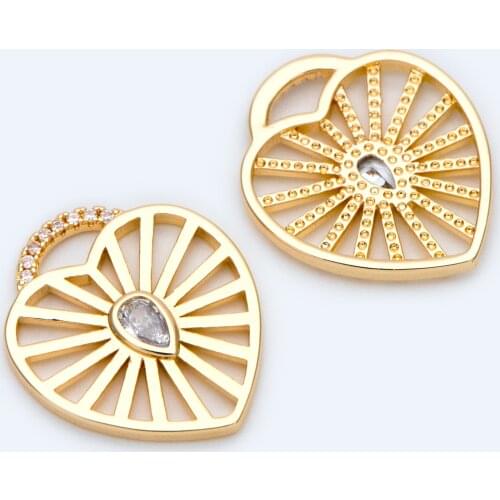 4pcs CZ paved Gold Heart Pendants 22x19mm, 18K Gold plated Brass, Rhinestone Heart Charms (GB-1531-1)