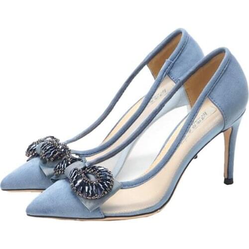 Carpaton Pointed Toe High Heel Shoes Crystal Embellished Mesh Grid Woman Pumps Sexy Thin Heels Party Wedding Shoes