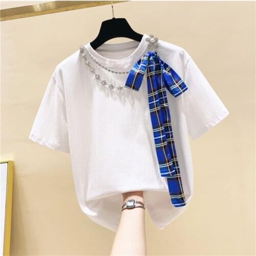 Fashion Diamonds Pearl Chain Cotton T Shirt O-Neck Short Sleeve Tops Baggy Summer Clothes For Women Clothing Woman Tshirts