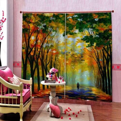 Oil Painting Road in Forest Trees Leaves Curtain For Living room Bedroom Nature Landscape Printed Blackout Window Drapes Decor