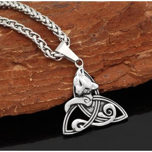 Celtic fox cat pendant necklace - stainless steel