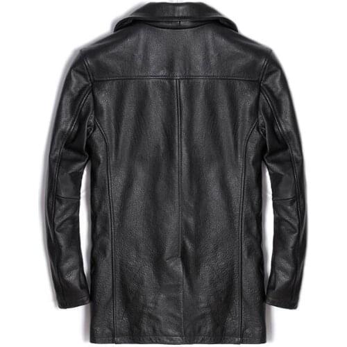 Genuine Jacket Men Double Breasted Long Coat Winter Real 100% Natural Sheep Skin Leather Black Brand Casual Male Peacoat