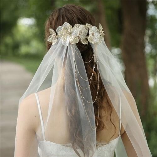 Ins Hotsell Handmade Beaded Pearls Bridal Veils Luxury Floral Headpiece Fashion Wedding Accessories