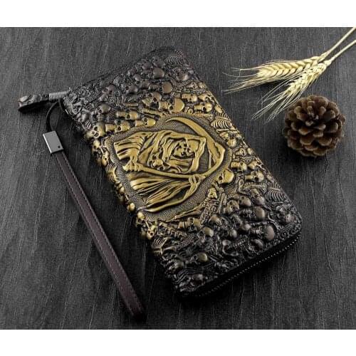 Mens Skull Grim Reaper Death Biker Punk Gold Leather Wallet Purse Handbag N12