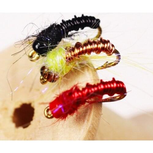 6PCS Set Artificial Fishing Lure Copper Bead Head Nymph Flies Trout Fishing Bait Single Metal Barbed Hook Tool Copper Fly Lure