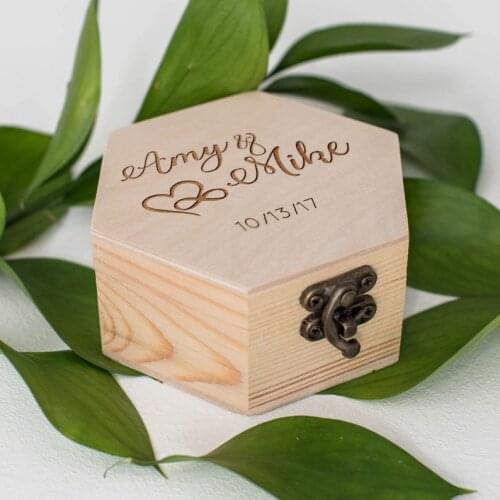 Personalized Vintage Jewelry Hexagon Ring Box Decoration Engraved Wooden Ring Box Handmade Unique Wedding Rustic Ring Bearer Box