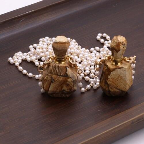 Natural Stone Perfume Bottle Pendants Mix Color +Free Two Eyes Pearl Chains For Jewelry Making DIY Bracelet Necklace Accessories