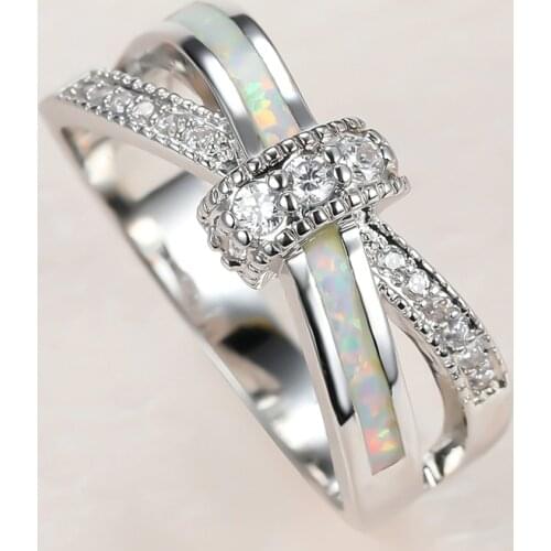 Luxury Female White Opal Stone Ring Classic Silver Color Thin Wedding Rings For Women Cute Bride Crystal Bowknot Engagement Ring