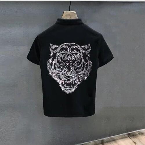 Hip-Hop Men’s Streetwear Original Solid Hot Drilling Skull Lapel Polo Shirt Comfortable Rock Summer Breathable