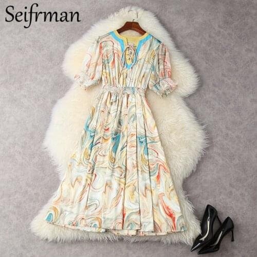 Seifrmann New 2021 Summer Women Fashion Designer Party Midi Dress Lantern Sleeve Bow Elastic Waist Vintage Print Ladies Dresses