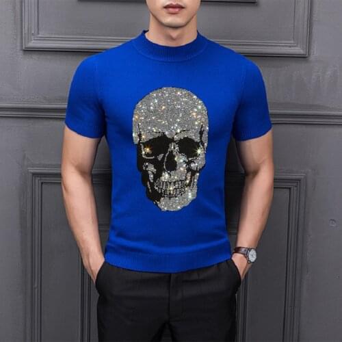 Exaggerated Night Show Shiny Hot Drilling Big Skull Sweater 3D Pattern Cashmere Knit Mens T-Shirt Luxury Short Sleeves