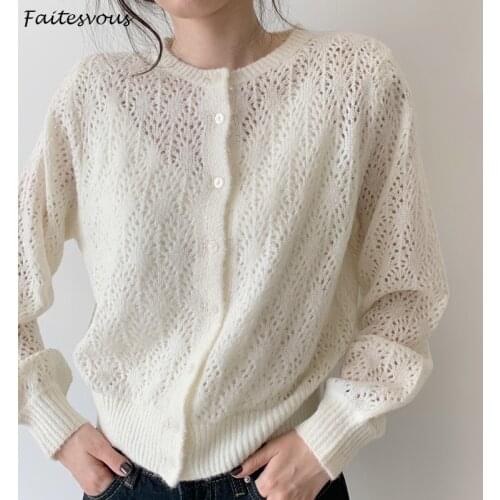 Knitted Cardigans Women Summer Thin Japanese Hollow Sweater Jacket Korean Outerwear Solid Color Loose Tops