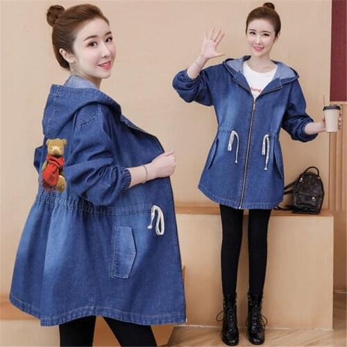 2021 Spring Autumn Zipper Denim Hooded Windbreaker Coat Womens Casual Plus Size Loose Vintage Jeans Jacket Female Long Outwear