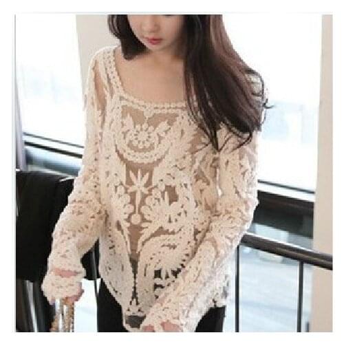 High Quality Loose Casual Lace Blouse Womens Fashion See-through Bohemian Shirt Sexy Summer Top Femme Blusa Chemise