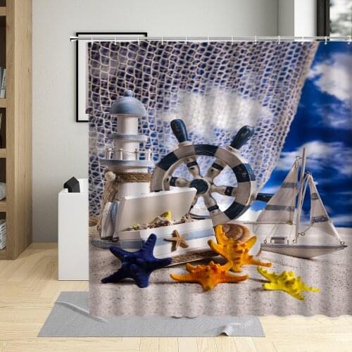 Vintage Nautical Rudder Print Shower Curtain Summer Sand Beach Sailboat Lighthouse Bath Screen Decor Bathroom Curtains With Hook