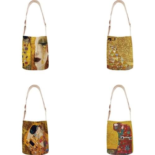 Golden oil painting ladies shoulder bag cotton linen handbag mini bag simple mini messenger bag casual messenger bag