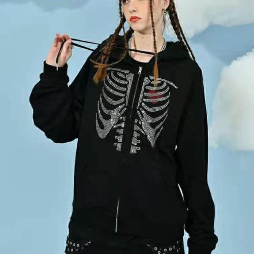 2021 Autumn Winter Hoodie Women with Hat and Zipper Four-color Love Plus Skeleton Hot Drilling Pattern Ladies Threaded Sweater