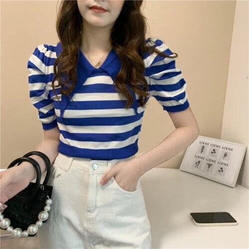 Woman Tshirts Summer Doll Collar Striped Womens Knitwear Short Sleeve Top Crop Top Mujer Camisetas