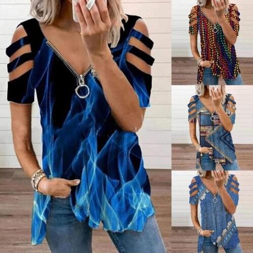 Summer Womens Tops V Neck Print Short Sleeve T Shirts Hollow Zipper Loose Top T-shirt Casual Ladies Pullover Oversized Blusas