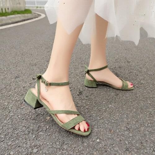 Off white Mid heel sandals women 2019Summer shoes Fashion Square heel Open toe sandals Buckle Strap Rhinestone Drop female shoes