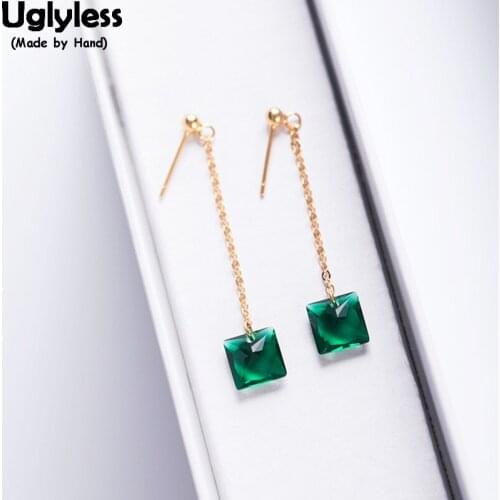 Uglyless 100% Real 925 Sterling Silver Women Summer Dress Wild HOT Earrings Square Zircon Earrings Noble Green Crystal Brincos