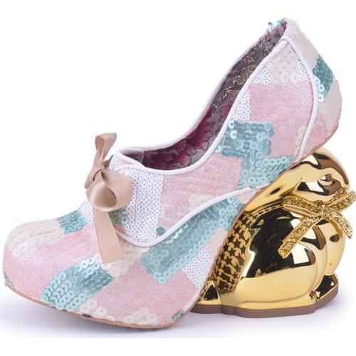 New Womens Pointed Toe High Irregular Cartoon Gold Rabbit Heels Sequins Shoes Fashion Pumps Party Luxury New 2020